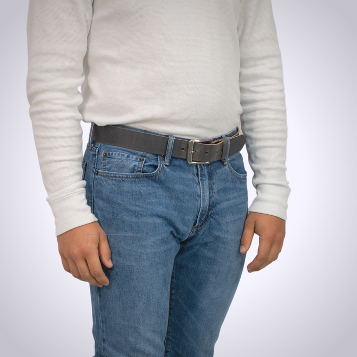 Smoky Mountain Titanium Distressed Leather Belt on model. Gray leather strap with casual buckle.