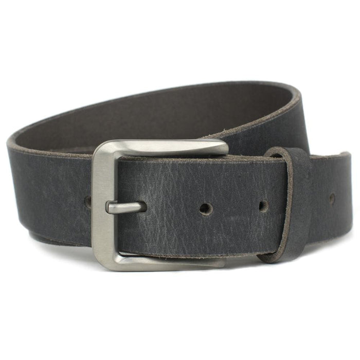 Smoky Mountain Titanium Distressed Leather Belt. Square titanium buckle with rounded corners.