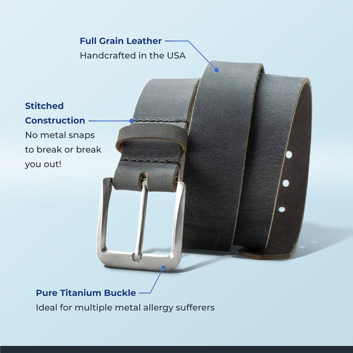 Full grain leather: made in USA; Stitched construction: no snaps; Pure titanium: low allergenicity.