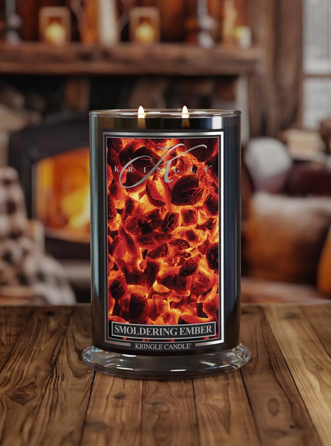 Kerrick Candle with 'Smoldering Ember' design on a wooden surface.