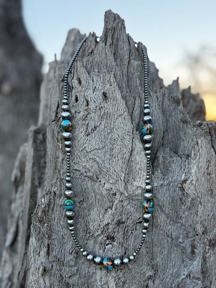 Southwestern Inlay Silver Beaded Necklace