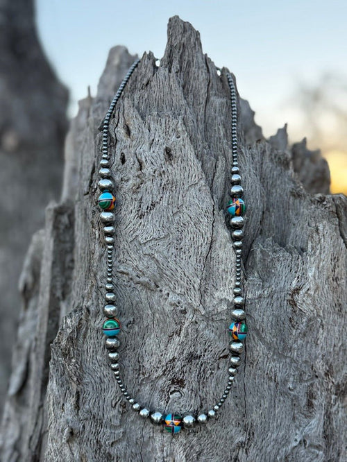 Southwestern Inlay Silver Beaded Necklace