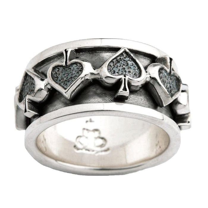 A front view of the men's sterling silver spade spin ring, on a white background.