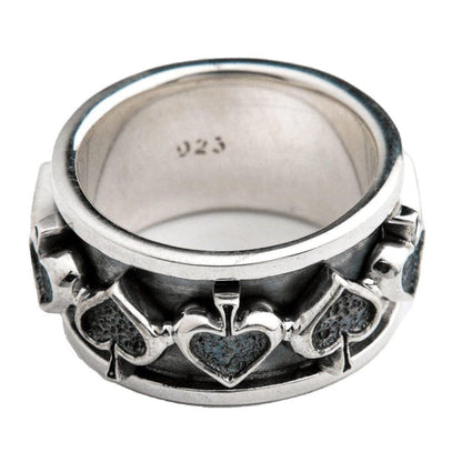 The inside of the heavy silver spinner ring, showing the 925 hallmark stamp and solid construction.