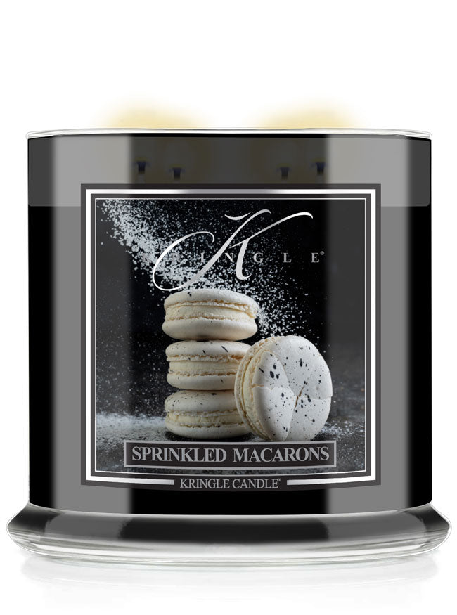 Kringle Candle with 'Sprinkled Macarons' label on a white background