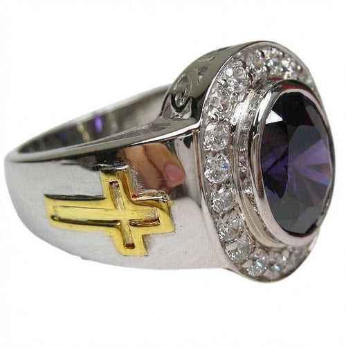 Sterling silver bishop ring with natural purple amethyst and gold cross side profile showing CZ halo