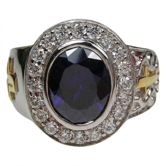 Top view of bishop ring featuring oval natural amethyst surrounded by sparkling CZ halo stones