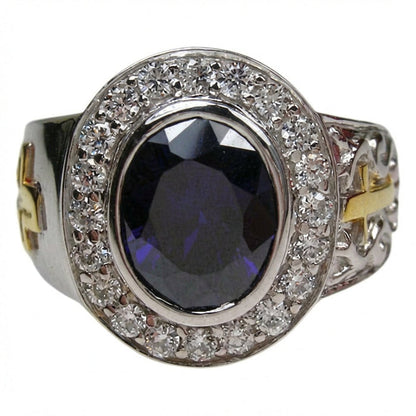 Top view of bishop ring featuring oval natural amethyst surrounded by sparkling CZ halo stones