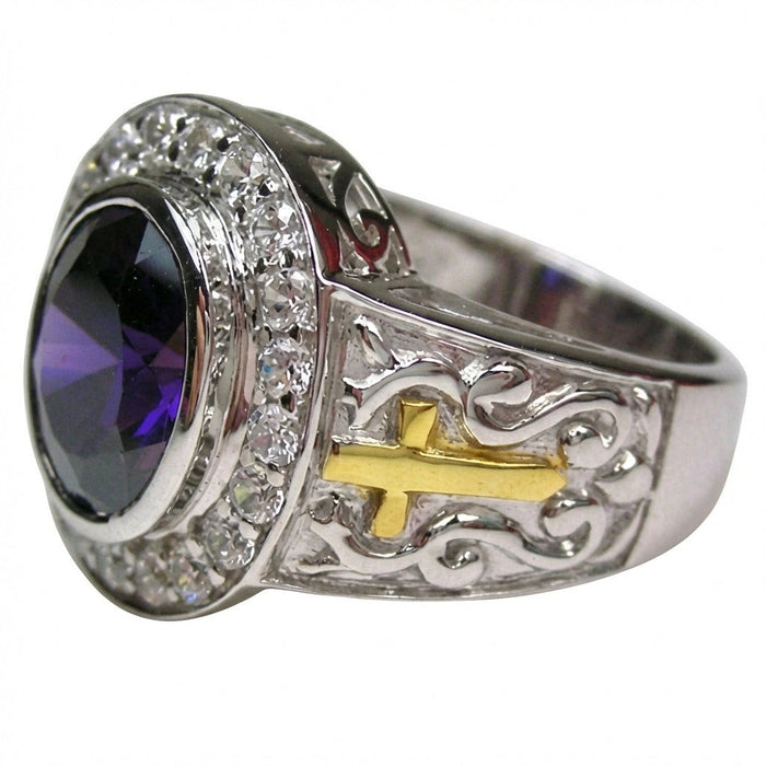Detail view of sterling silver bishop ring showing gold-plated cross and intricate silver scrollwork