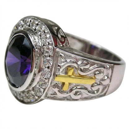 Detail view of sterling silver bishop ring showing gold-plated cross and intricate silver scrollwork