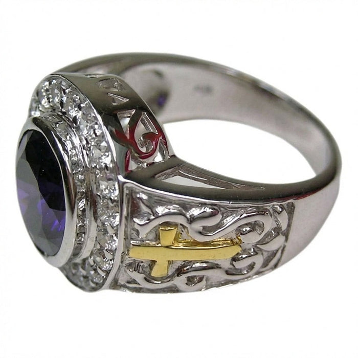 Angled view of two-tone ecclesiastical ring with white gold plating and gold cross accents