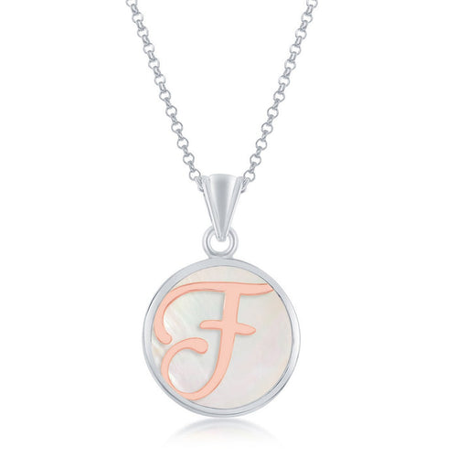 Sterling Silver Pendant with Rose Gold Plated 'F' Initial with Mother of Pearl and 18" Sterling Silver Chain. Pendant Measures Approximately 1" including the bail.