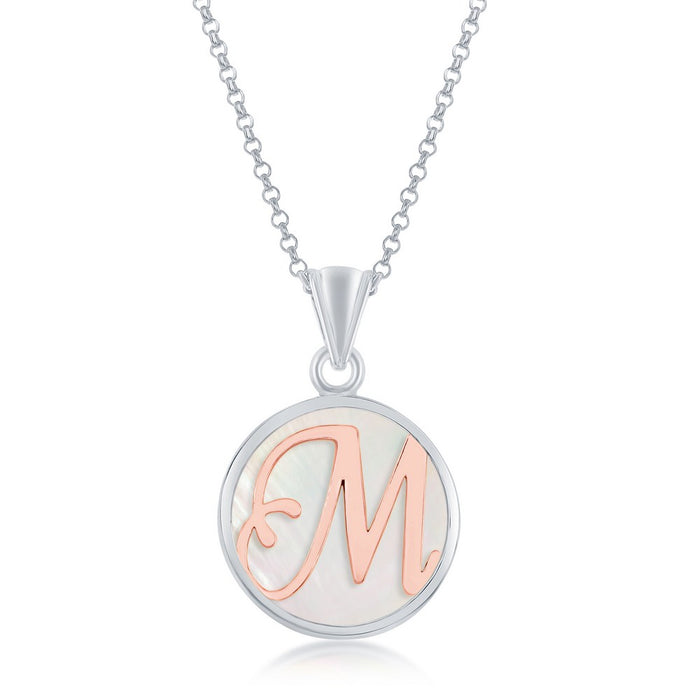 Sterling Silver Pendant with Rose Gold Plated 'M' Initial with Mother of Pearl and 18" Sterling Silver Chain. Pendant Measures Approximately 1" including the bail.