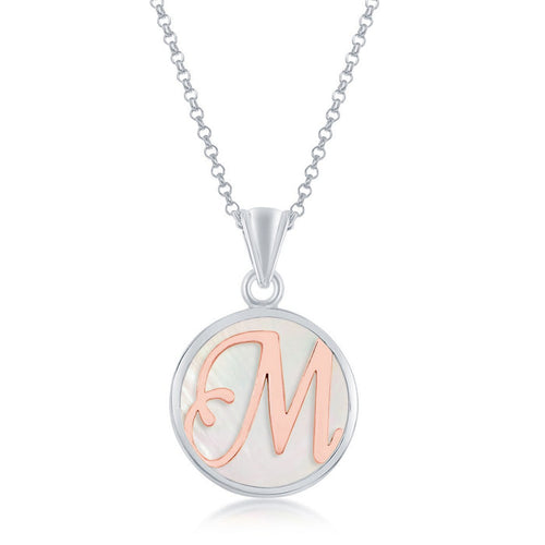 Sterling Silver Pendant with Rose Gold Plated 'M' Initial with Mother of Pearl and 18" Sterling Silver Chain. Pendant Measures Approximately 1" including the bail.