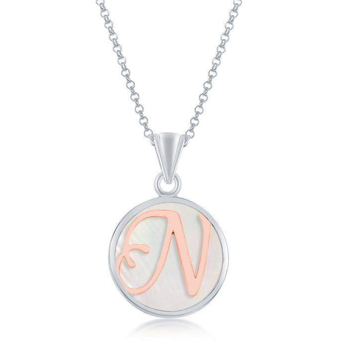 Sterling Silver Pendant with Rose Gold Plated 'N' Initial with Mother of Pearl and 18" Sterling Silver Chain. Pendant Measures Approximately 1" including the bail.