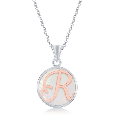 Sterling Silver Pendant with Rose Gold Plated 'R' Initial with Mother of Pearl and 18" Sterling Silver Chain. Pendant Measures Approximately 1" including the bail.