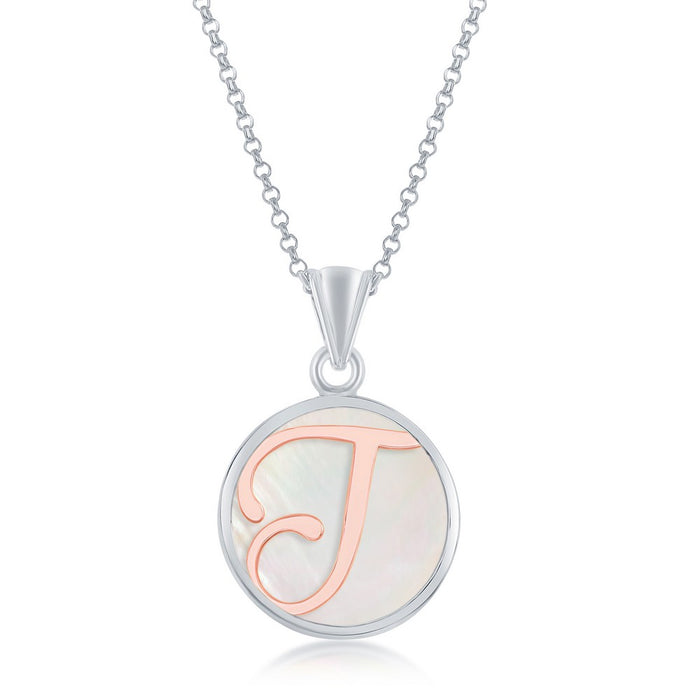 Sterling Silver Pendant with Rose Gold Plated 'T' Initial with Mother of Pearl and 18" Sterling Silver Chain. Pendant Measures Approximately 1" including the bail.