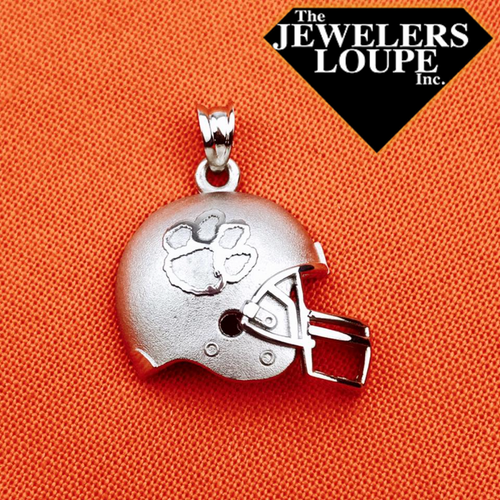 Sterling Silver LogoArt Officially Licensed Clemson University 3D Football Helmet With Tiger Paw Logo Pendant.