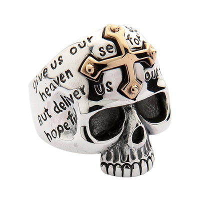 A side profile of the skull ring, highlighting the intricate engraving of the Lord's Prayer on the cranium.