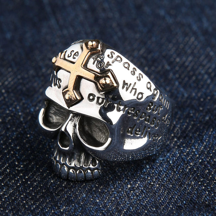 Sterling silver cross skull ring with gold accent