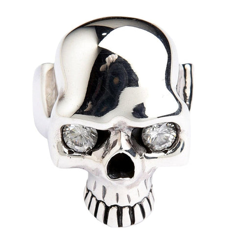 A men's modern skull ring in solid sterling silver, featuring a high-polish finish and two large, brilliant-cut diamond CZ eyes.