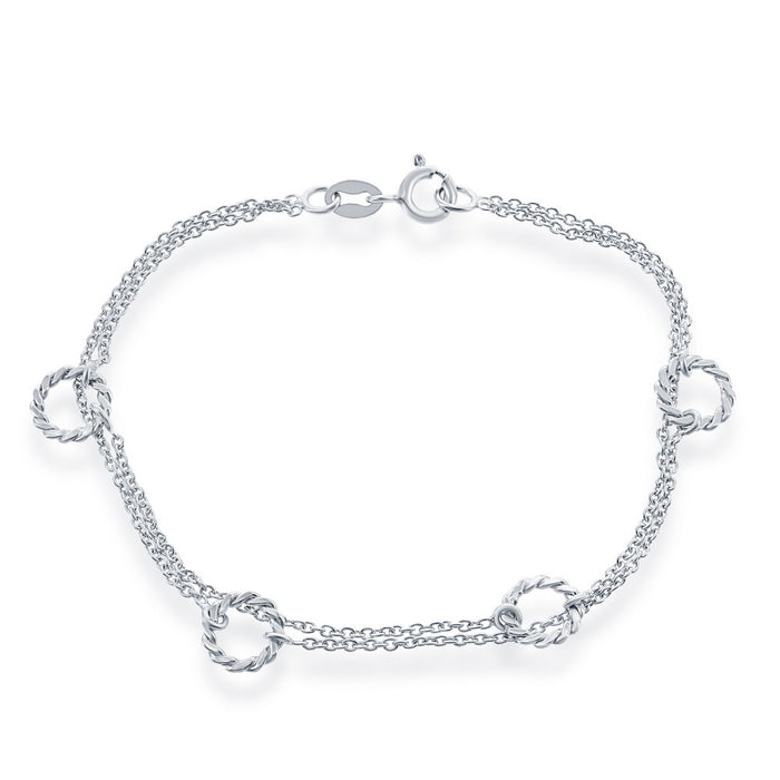 Sterling Silver Double Strand Bracelet with Rope Style Open Rings, 7".