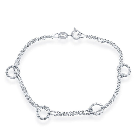 Sterling Silver Double Strand Bracelet with Rope Style Open Rings, 7".