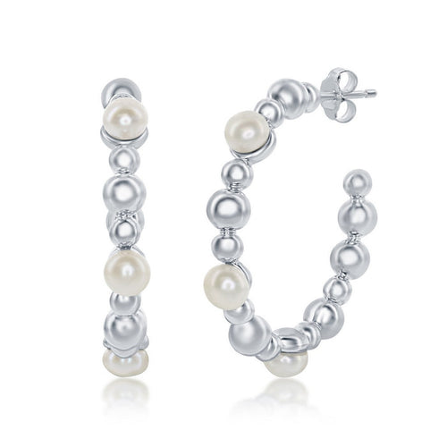 Sterling Silver Freshwater Pearl Hoop Earrings.