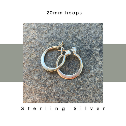 20 mm sterling silver hoop earrings.  traditional clasp closure. Hypoallergenic. nickel free