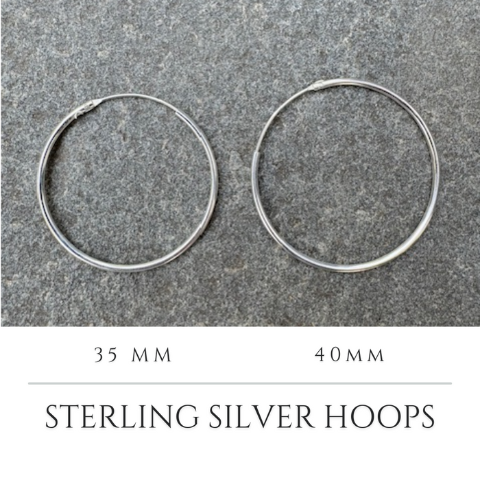 image for size reference between 35 mm and 40 mm sterling hoop earrings. Nickel Free