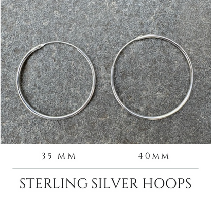 image for size reference between 35 mm and 40 mm sterling hoop earrings. Nickel Free