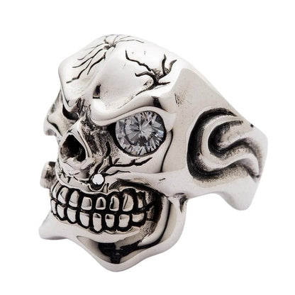 The side profile of the mafia skull ring, highlighting the detailed flame carvings on the band.