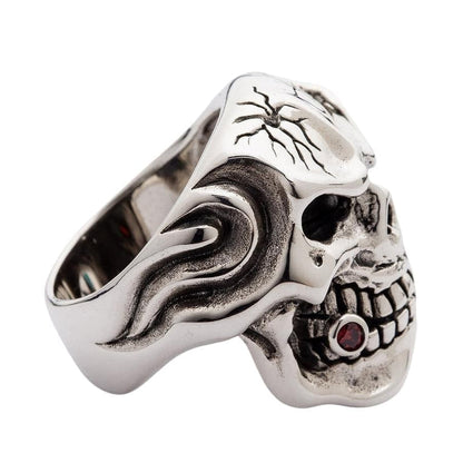 The spiderweb crack detail on the forehead of the sterling silver mafia skull ring.