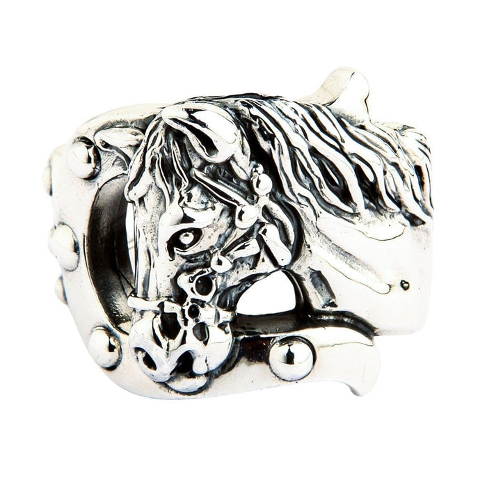 Front face of the sterling silver Rocker Horse Ring featuring a detailed horse head within a studded horseshoe frame