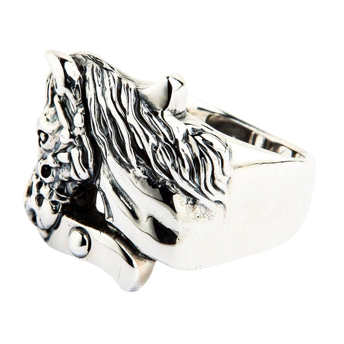Side profile of the solid silver ring showcasing the sculpted horse hair details blending into a smooth polished band.