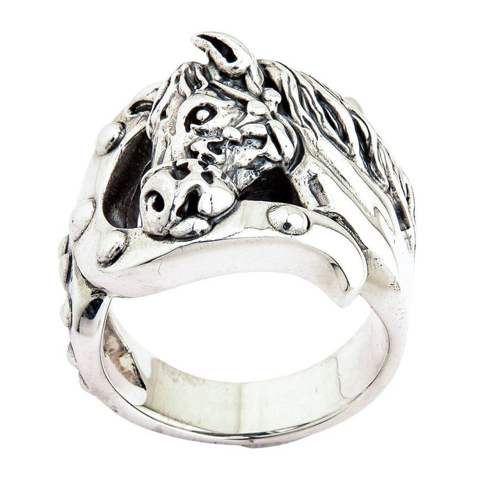 Tilted perspective showing the solid silver horse face overlapping the lower horseshoe frame, revealing the smooth inner band.