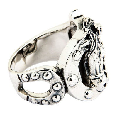 Cutout studded horseshoe shank detail on the solid silver equestrian ring, viewed from a three-quarter angle.