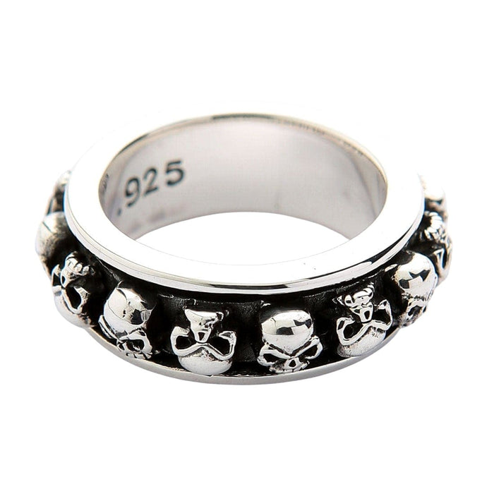 A premium men's skull band with a unique and functional spinner feature, a perfect piece of biker jewelry.