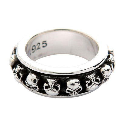 A premium men's skull band with a unique and functional spinner feature, a perfect piece of biker jewelry.