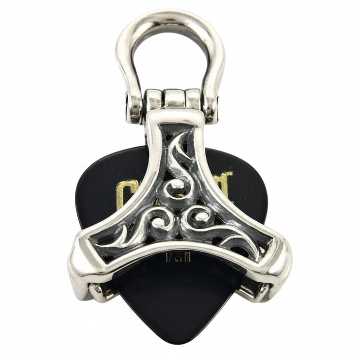 A front-on view of the handmade silver musician's guitar pick holder pendant.
