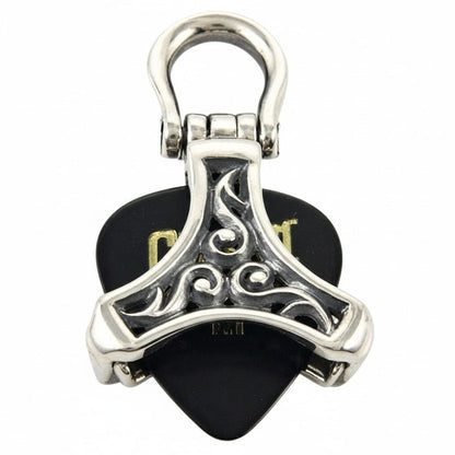 A front-on view of the handmade silver musician's guitar pick holder pendant.