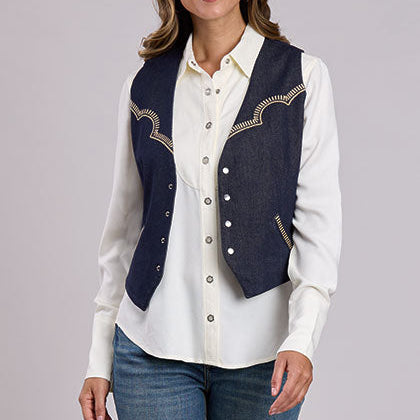Stetson Women's Dark Wash Embroidered Stretch Denim Snap Vest