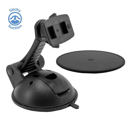 The Sticky Suction Car Windshield or Dash Mounting Pedestal - Dual-T Compatible is a universal black car mount with an adjustable arm and adhesive pad, featuring a blue Sticky Suction logo in the top left corner on white.