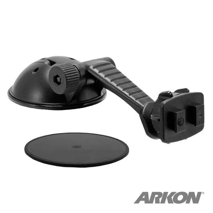 The Sticky Suction Car Windshield or Dash Mounting Pedestal - Dual-T Compatible is a black dashboard mount with an adjustable arm and round adhesive disk. Shown on a white background with ARKON in gray at the bottom right.