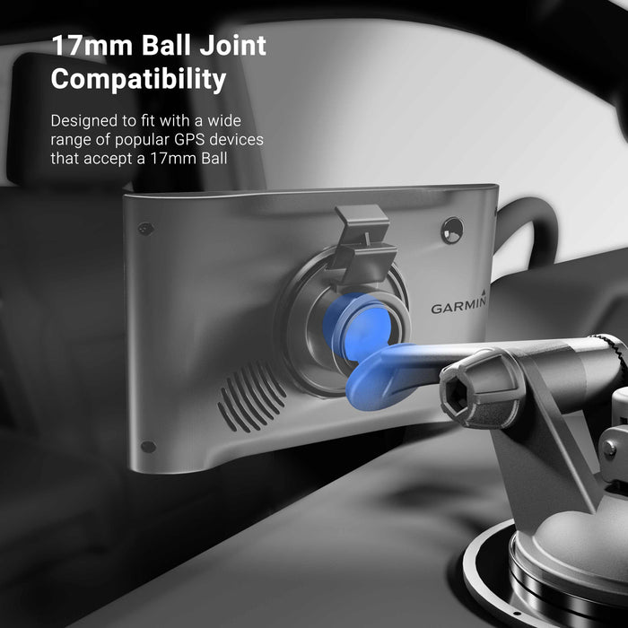 A close-up of the Sticky Suction Windshield or Dash Car Mount with 3 Arm for Garmin nuvi GPS, featuring a blue connector and 17mm ball joint. Compatible with many Garmin GPS devices, it securely mounts on your windshield or dashboard.