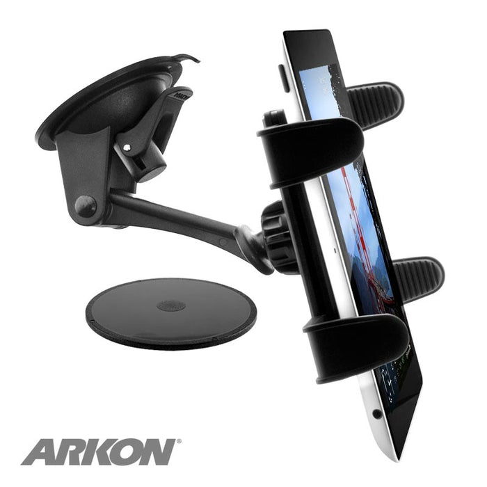 The Sticky Suction Windshield or Dash Slim-Grip® Tablet Mount for iPad, Note, and more securely holds a tablet horizontally on your car dashboard. An adhesive pad is shown below, with the Arkon logo in the bottom left corner.