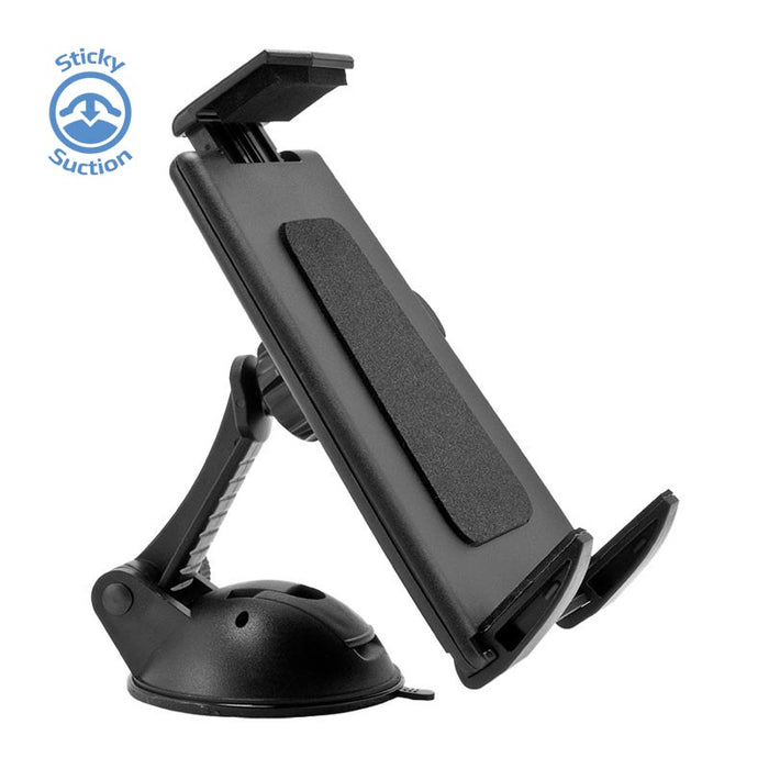 The Sticky Suction Windshield or Dash Tablet Mount for iPad, Note, and more is shown in black with a padded grip and sticky suction base on a white background. The Sticky Suction logo appears in the top left corner.