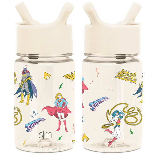 Cream-colored spray bottle with vibrant comic-style illustrations in yellow, hot pink, red, and blue