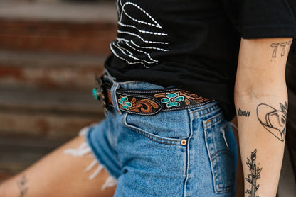 Sunflower Embossed Turquoise Concho Leather BeltMultiS