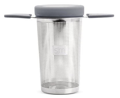 Stainless steel tea infuser with perforated mesh basket in silver and gray tones, shown on neutral background.